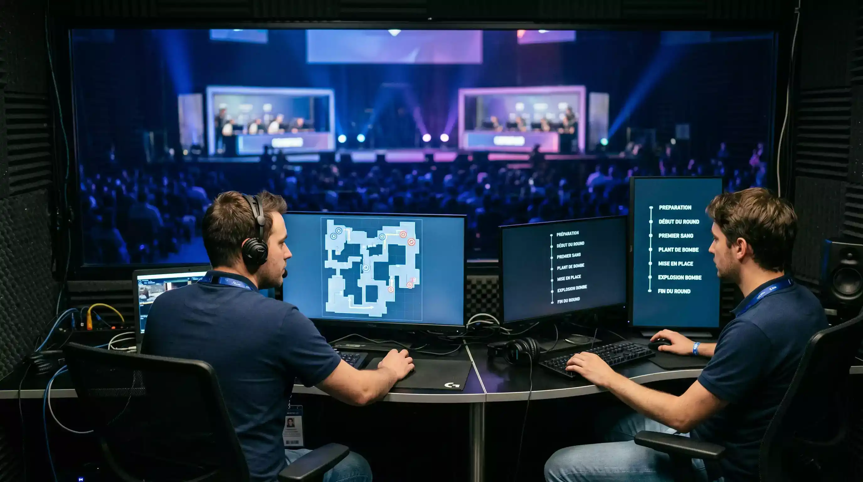 Officiel de tournoi CS2 supervisant un match en LAN depuis une cabine d'observation