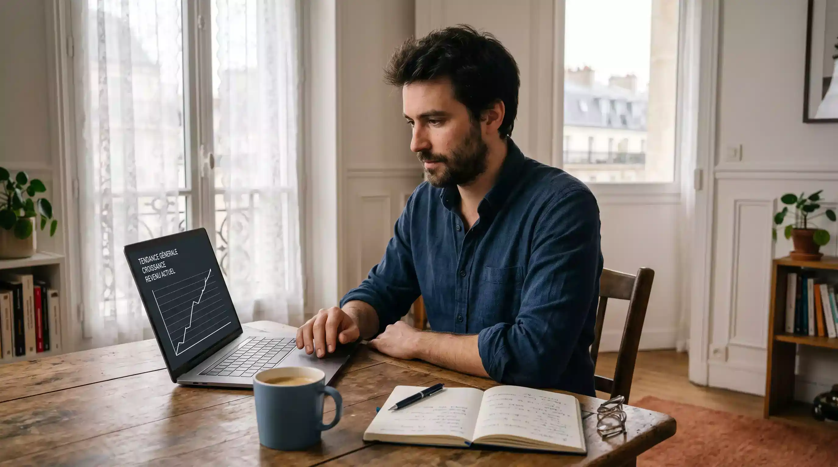 Analyste consultant des cotes sportives sur un ordinateur portable dans un bureau parisien